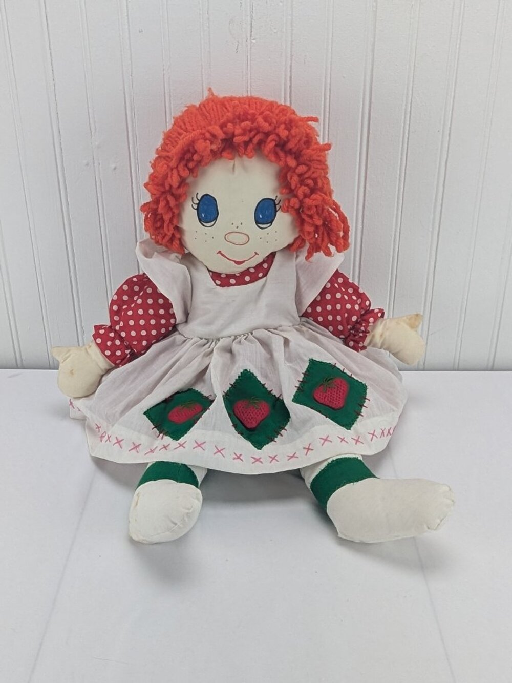 Vintage Handmade Cloth Rag Doll 24" Orange Yarn Hair Strawberry Apron Red Green